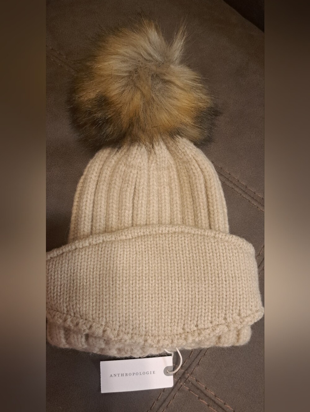 New Anthropologie Cable Knit Beanie Removable Chin Strap Faux Fur Pom Pom OSFA